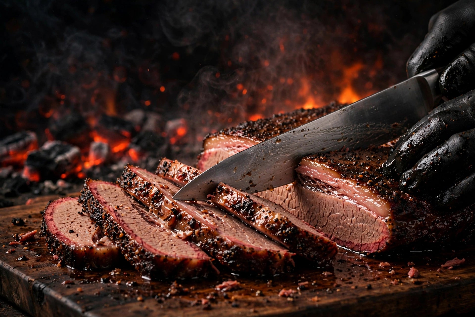 Brisket slicing over open fire
